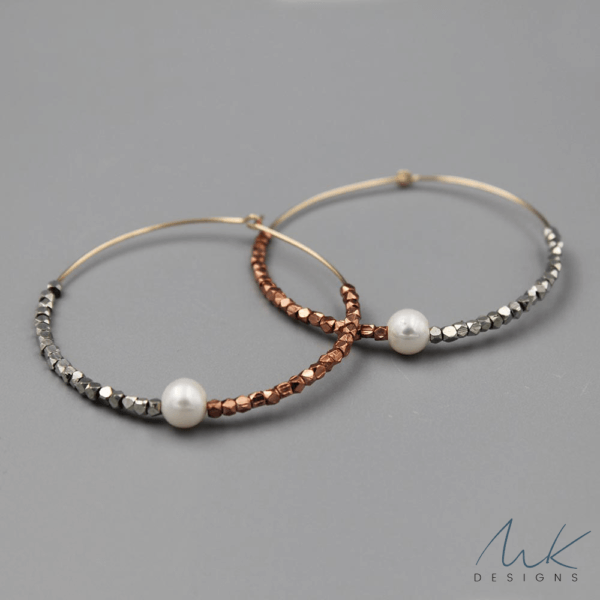 Rose, Silver and Pearl Metallic Hoop Earrings by MK Designs