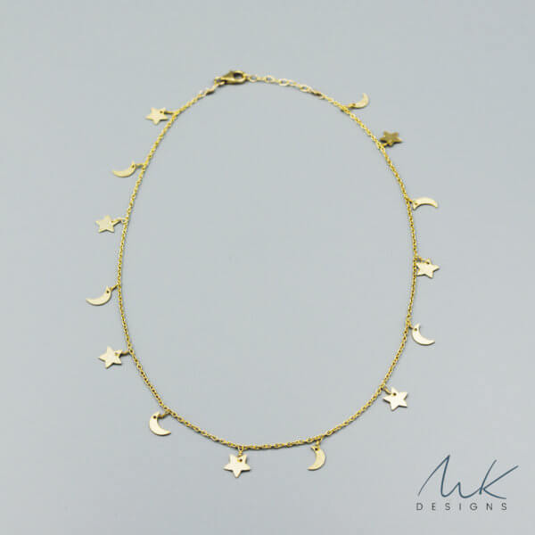 Gold Crescent and Star Necklace by MK Designs