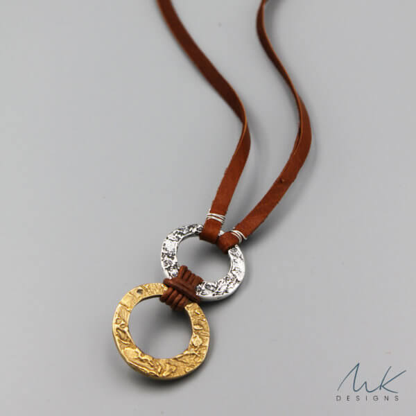 Double Hammered Bronze and Sterling Silver Circle Necklace