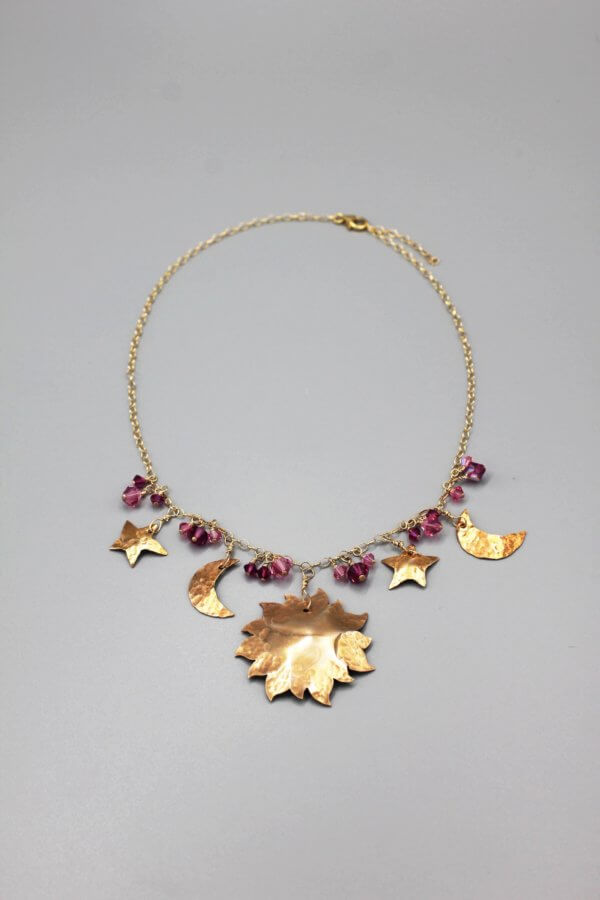 Bronze Pink Crystal Celestial Pendant Necklace