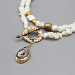Long Pearl and Bronze Druzy Necklace