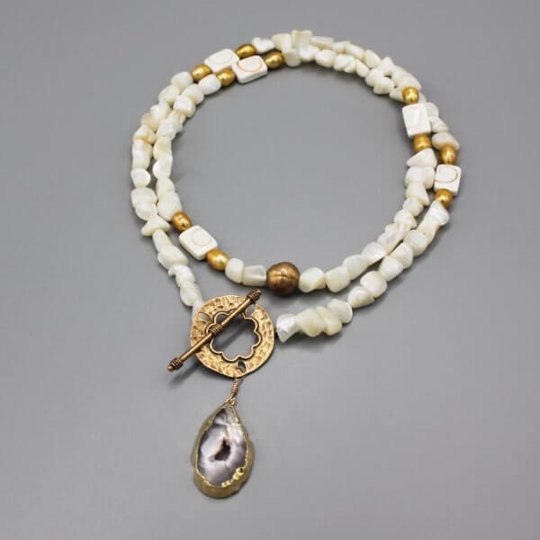 Long Pearl and Bronze Druzy Necklace