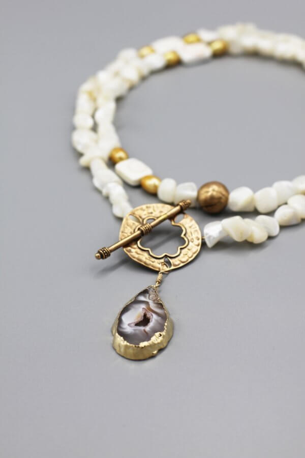 Long Pearl and Bronze Druzy Necklace