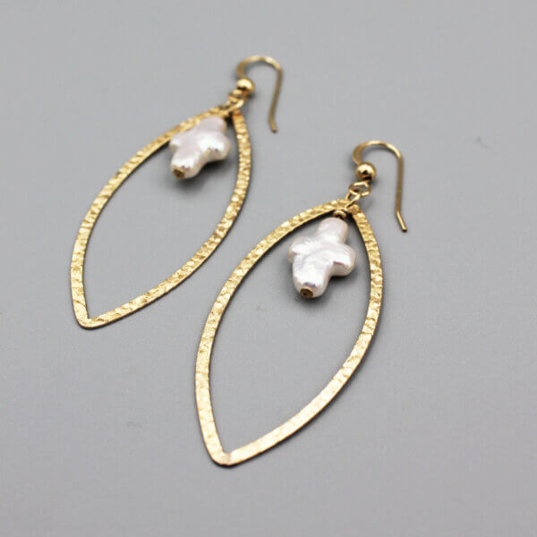 Gold Oval Pearl Cross Charm Earrings