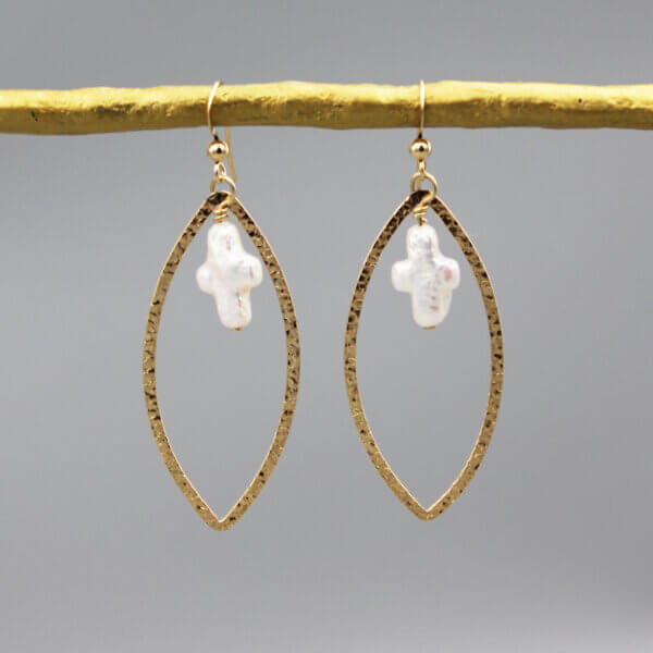 Gold Oval Pearl Cross Charm Earrings by MK Designs