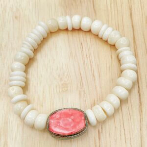 White and Coral Wood Bead Bracelet