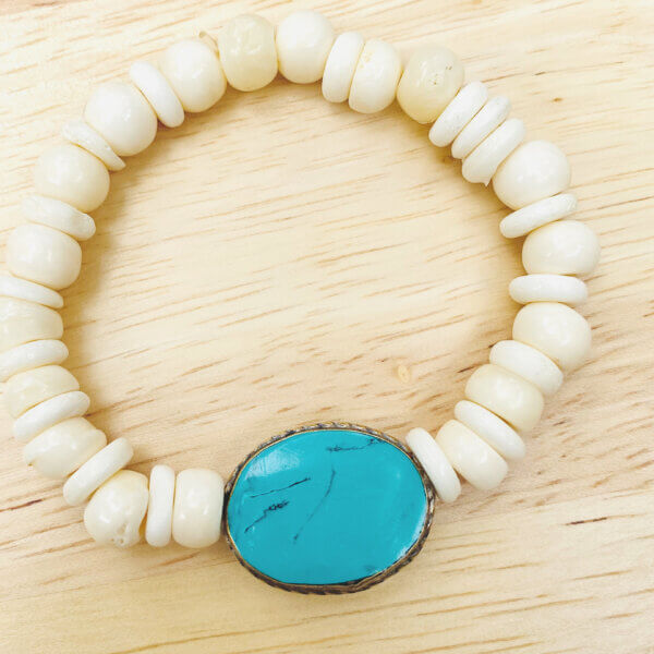 White and Turquoise Wood Bead Bracelet