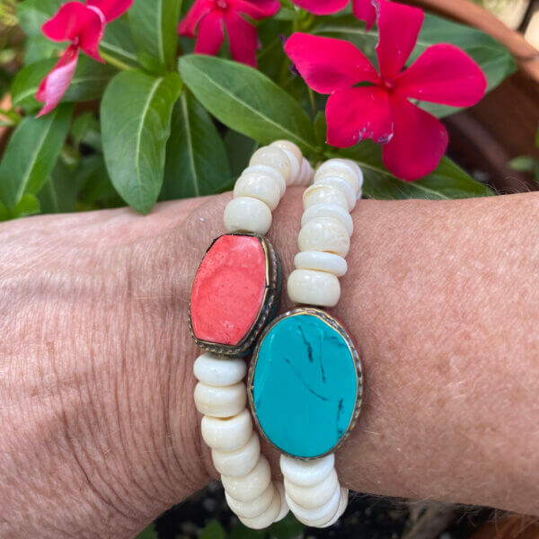 White and Coral Wood Bead Bracelet