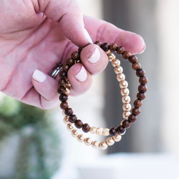 Brown Wooden Bead and Gold Bracelet