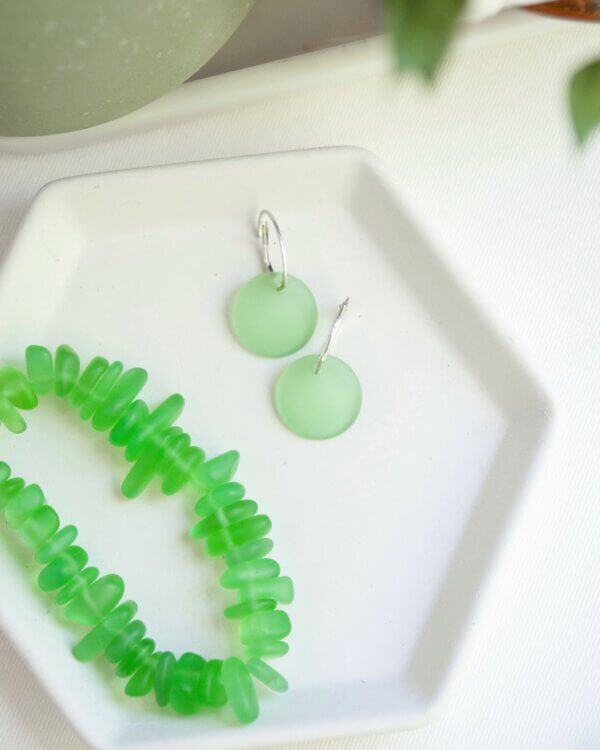 Green Dot Sea Glass Earrings by MK Designs