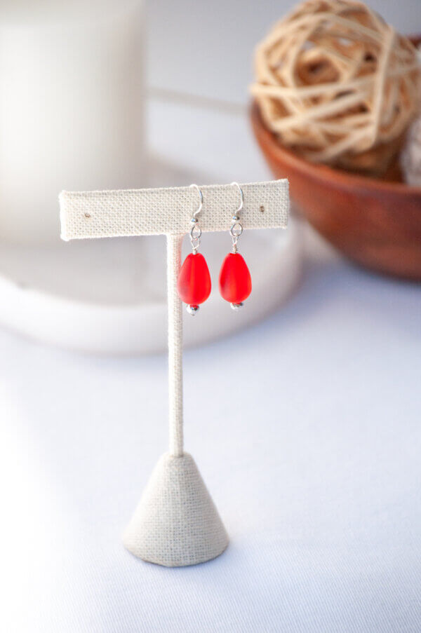 Red Drop Sea Glass Earrings by MK Designs