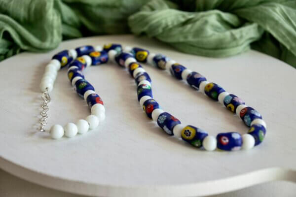 Blue Millefiori Glass Bead Necklace by MK Designs
