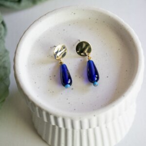 Blue and Gold Glass Drop Earrings by MK Designs
